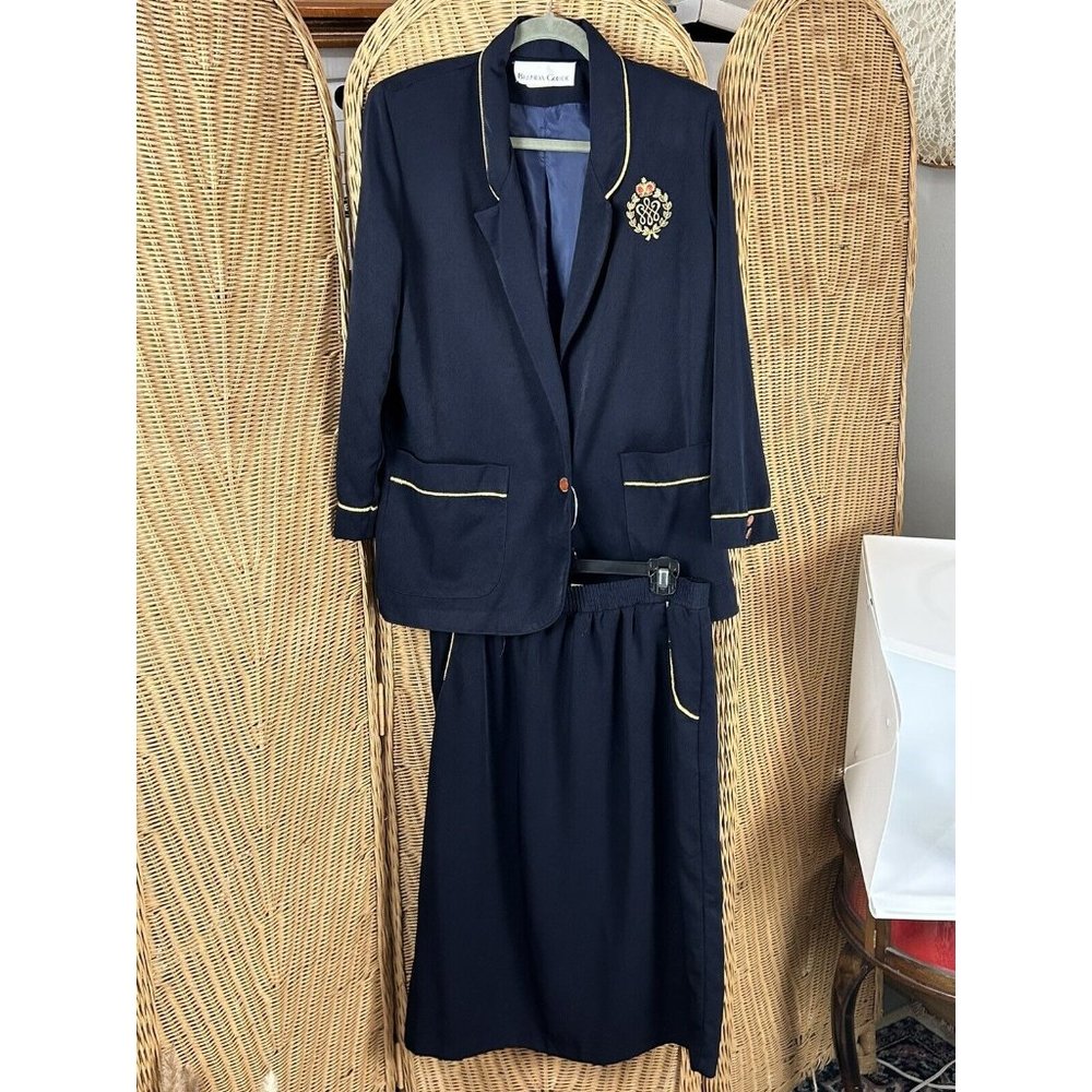 Vintage skirt suit nautical Brenda Goode navy crest patch small
